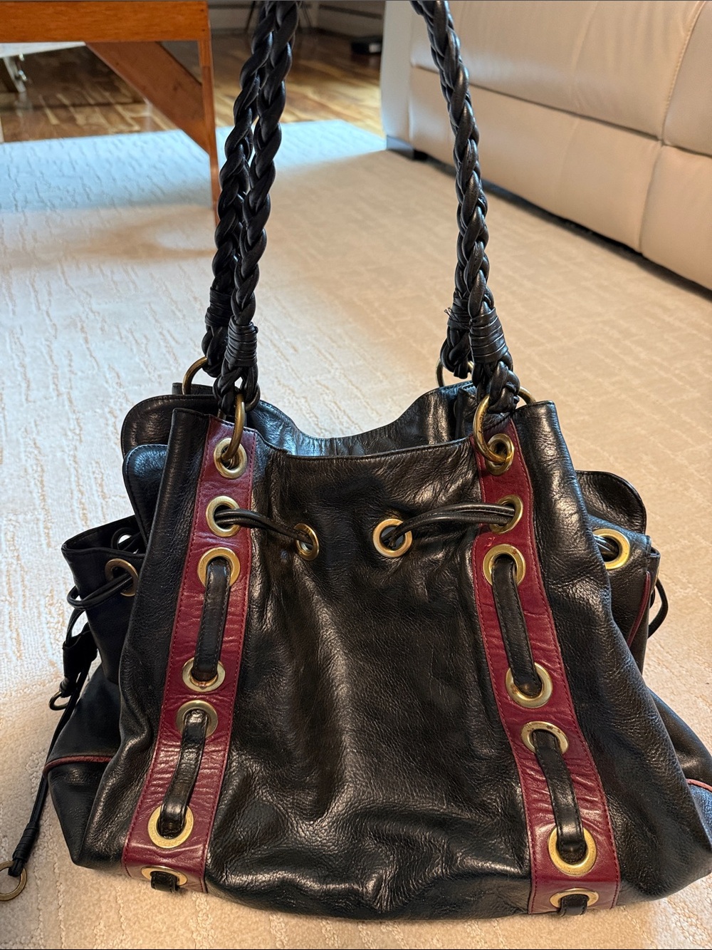 Kate Landry Black Leather Shoulder Bag with Burgundy Trim